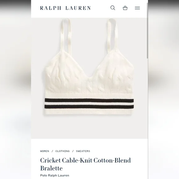 NWOT Polo By Ralph Lauren Cricket Cable-Knit Cotton-Blend Bralette - Picture 2 of 6